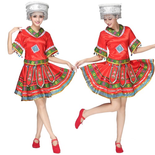 Turquoise red pink Ancient Traditional Hmong Clothes dresses Miao Clothing ancient dance clothes